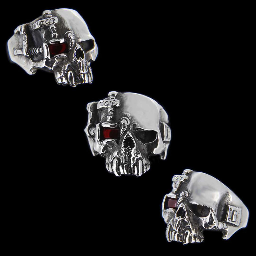 Cyborg Skull Ring- With Garnet Eye Curiouser Collective