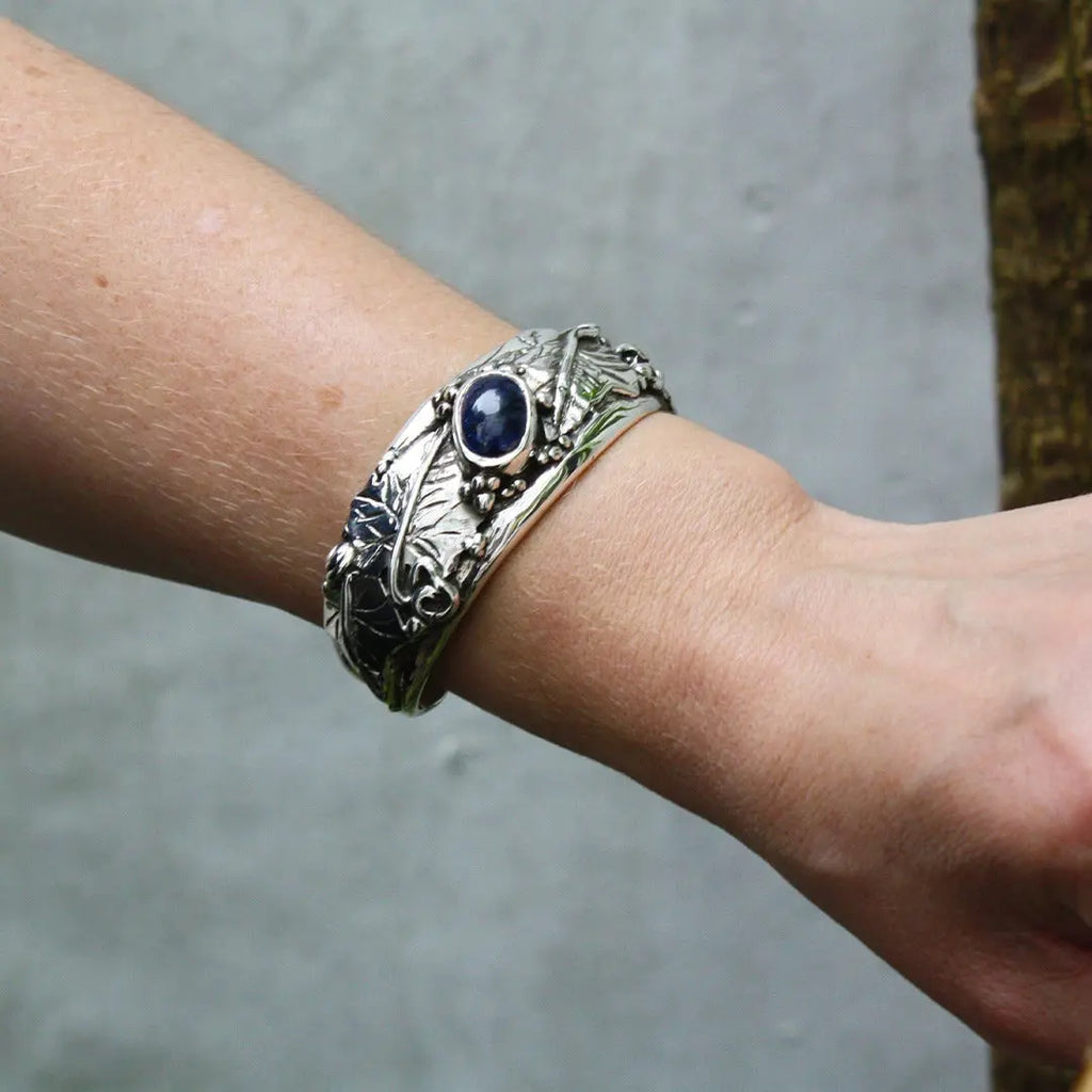 Large Silver Ivy Leaf Bangle/Cuff with Blue Iolite Curiouser Collective