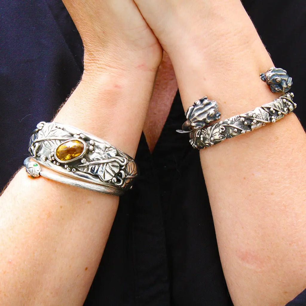 Large Silver Ivy Leaf Bangle/Cuff with Faceted Citrine Curiouser & Curiouser