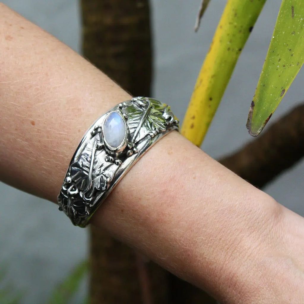 Large Silver Ivy Leaf Bangle/Cuff with Moonstone (Rainbow) Curiouser Collective