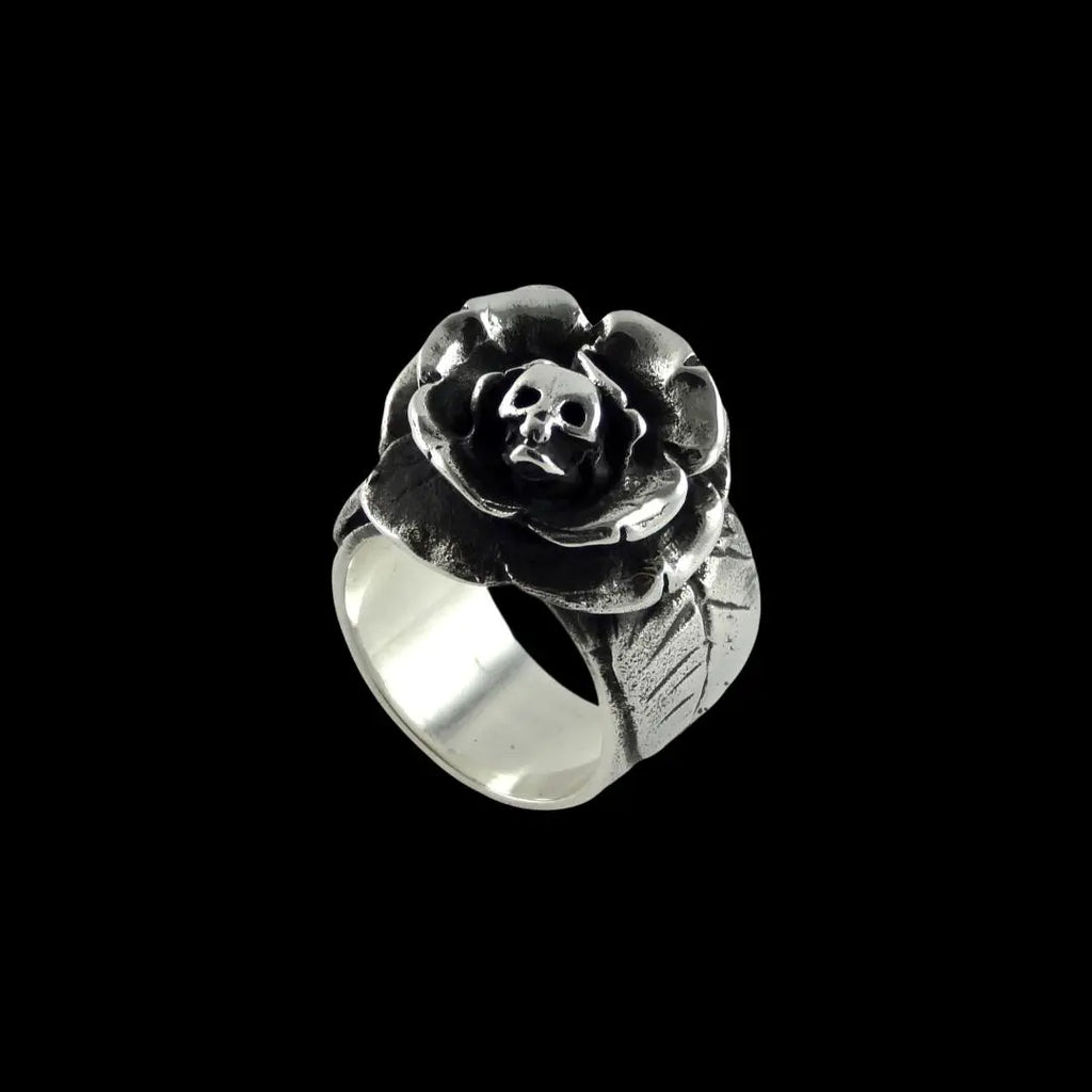 Silver Flower Rose Ring with Skull Curiouser & Curiouser