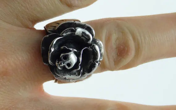 Silver Flower Rose Ring with Skull Curiouser & Curiouser
